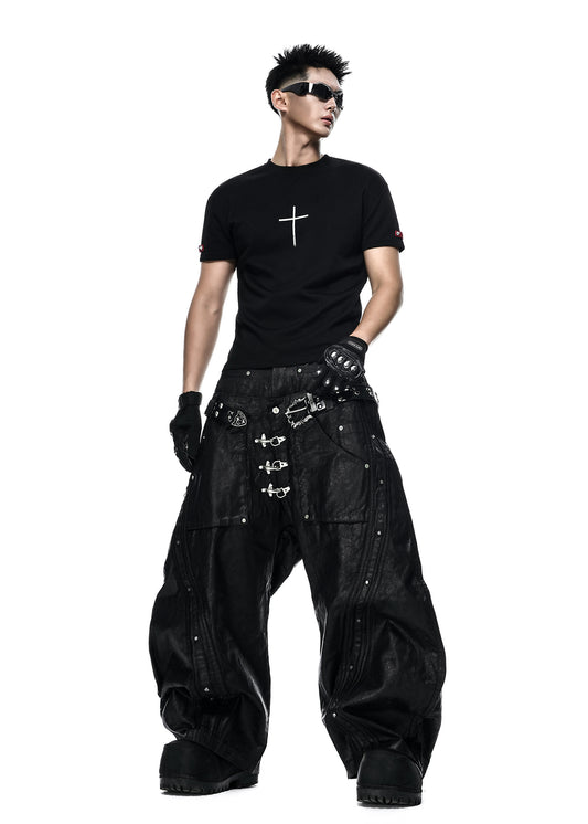 MOCK DOUBLE WAIST WIDE LEG PANTS - QD123