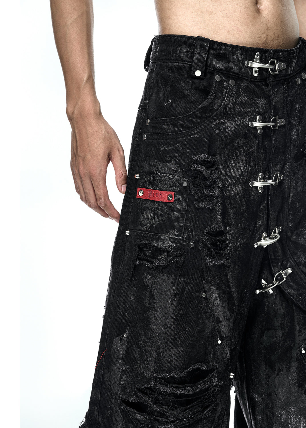 BLACK WAXED RIPPED WIDE PANTS - QD125A