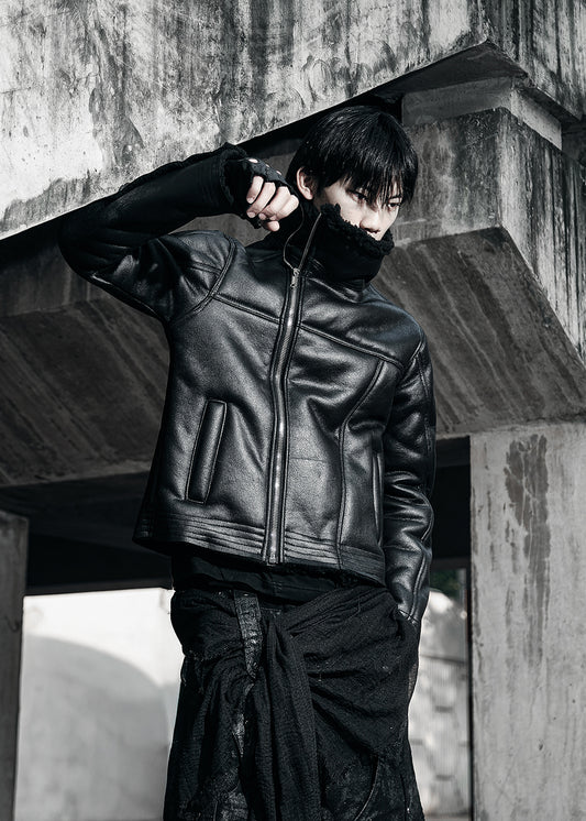 BLACK SHEARLING LEATHER JACKET - AK084B