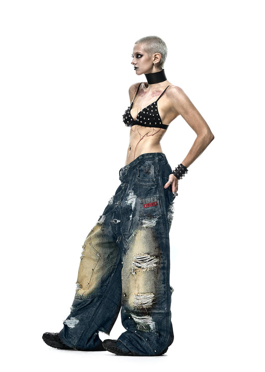 DUST WAX RIPPED WIDE PANTS - QD125B