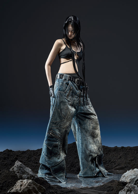 DIRTY WASHED KNIGHT WIDE PANTS - QD120C