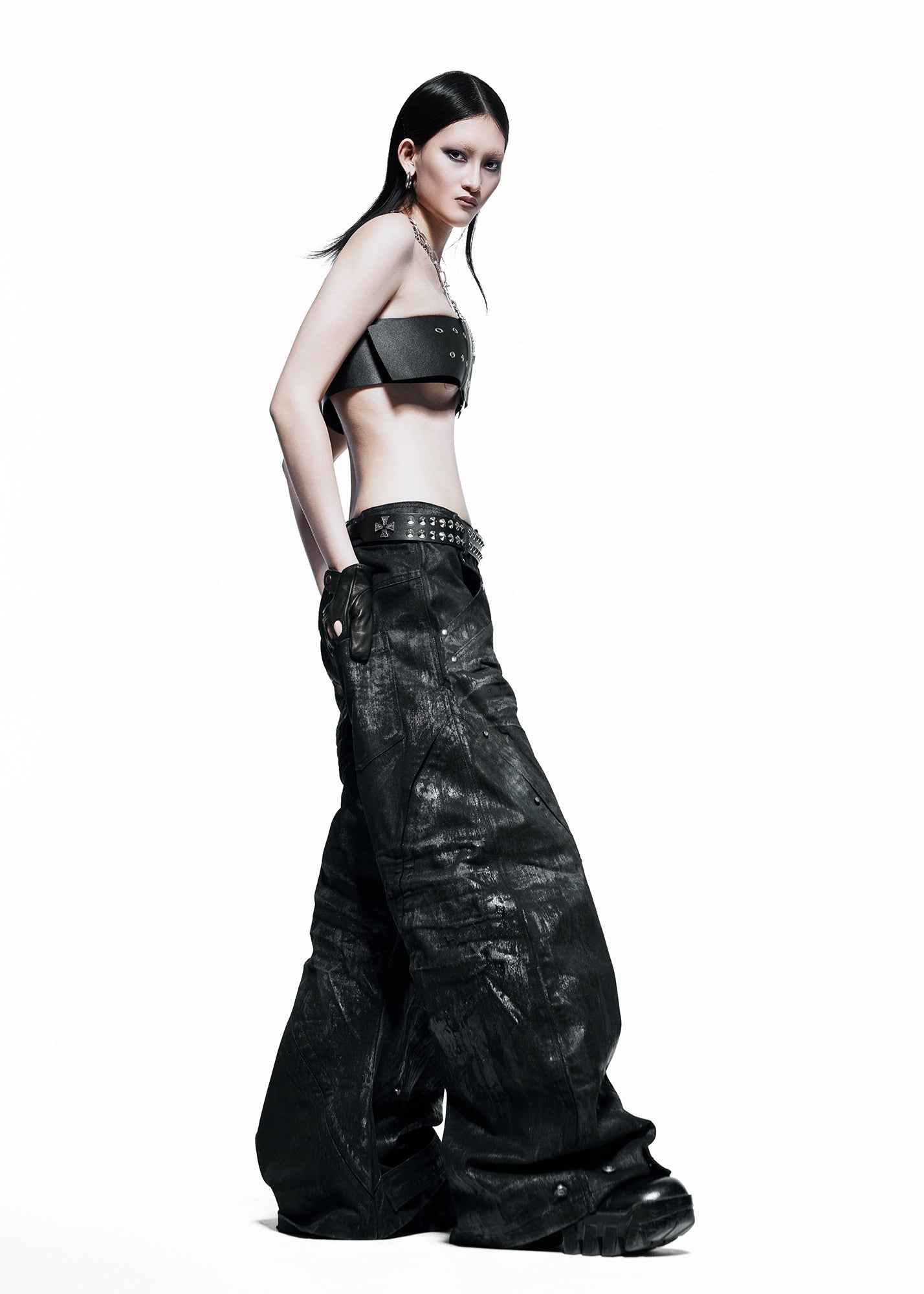 BLACK WAXED S-WIDE PANTS - QD115B