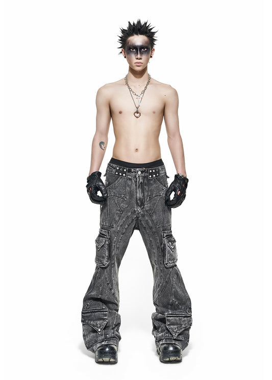 GREY WASH CARGO FLARE PANTS - QD117