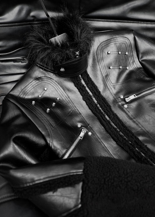 BLACK SHEARLING LEATHER JACKET - AK096