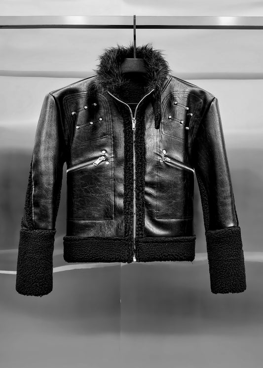 BLACK SHEARLING LEATHER JACKET - AK096
