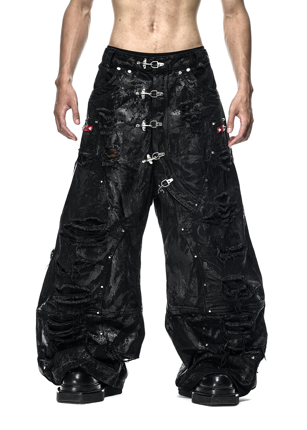BLACK WAXED RIPPED WIDE PANTS - QD125A