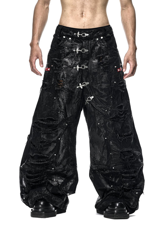 BLACK WAXED RIPPED WIDE PANTS - QD125A