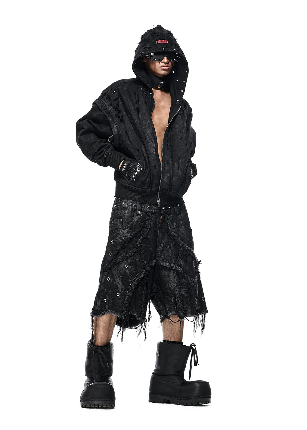 BLACK WAX RIPPED HOODIE - AH027