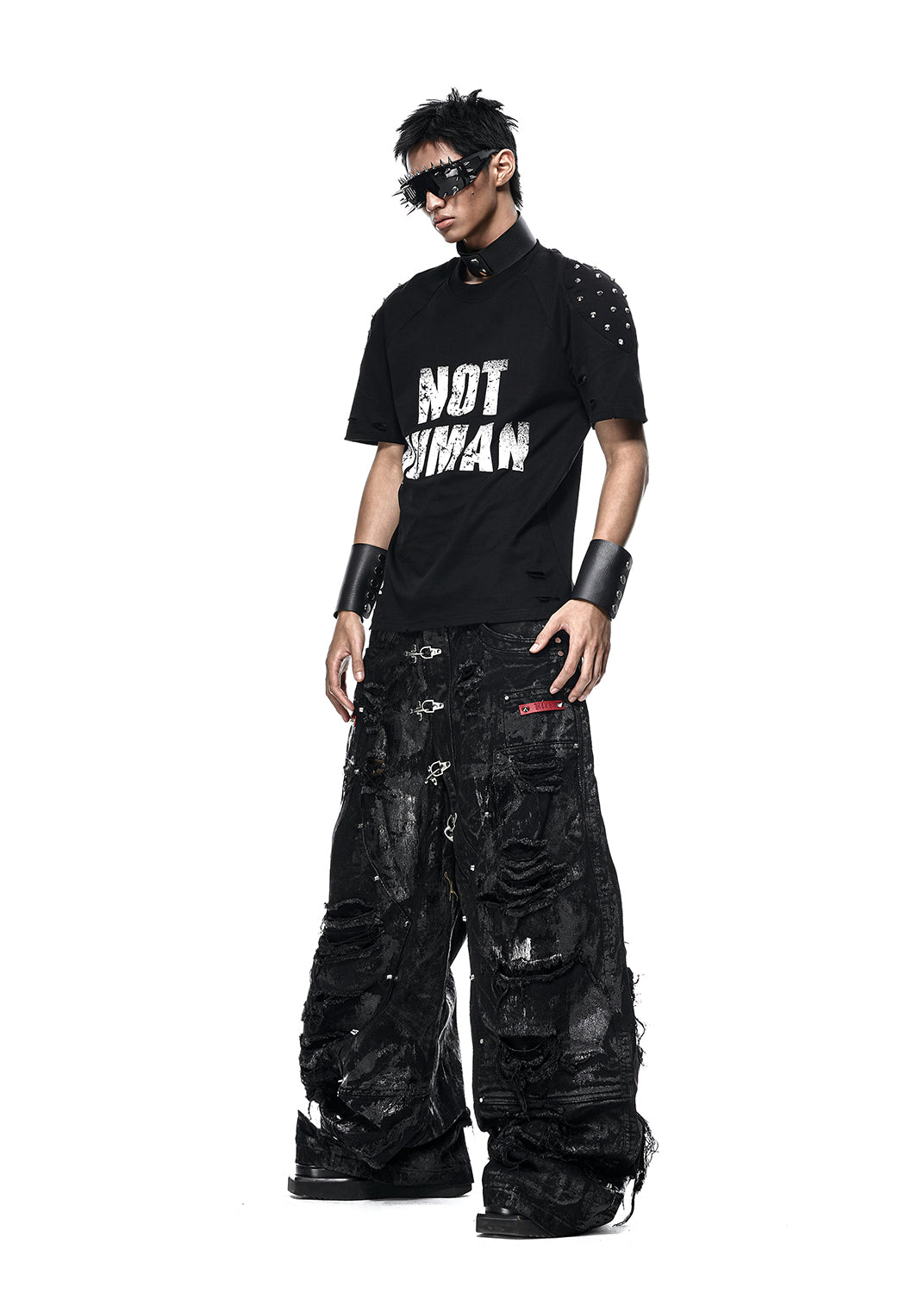 BLACK WAXED RIPPED WIDE PANTS - QD125A