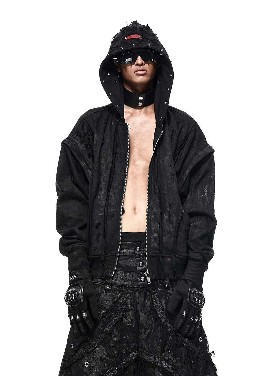 BLACK WAX RIPPED HOODIE - AH027