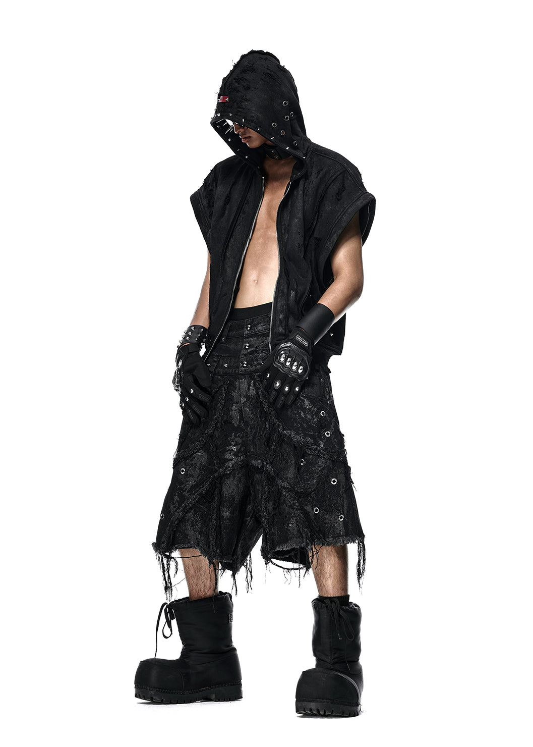 BLACK WAX RIPPED HOODIE - AH027