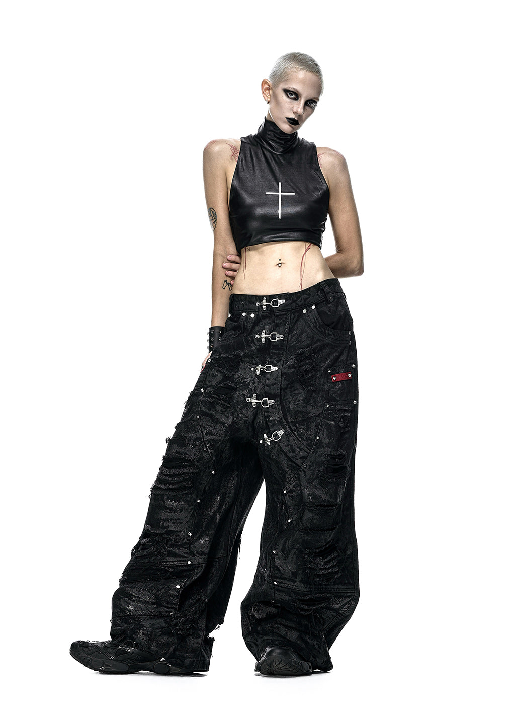 BLACK WAXED RIPPED WIDE PANTS - QD125A