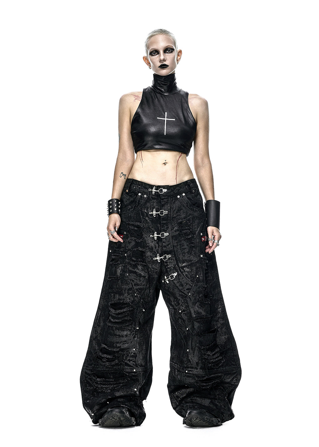 BLACK WAXED RIPPED WIDE PANTS - QD125A