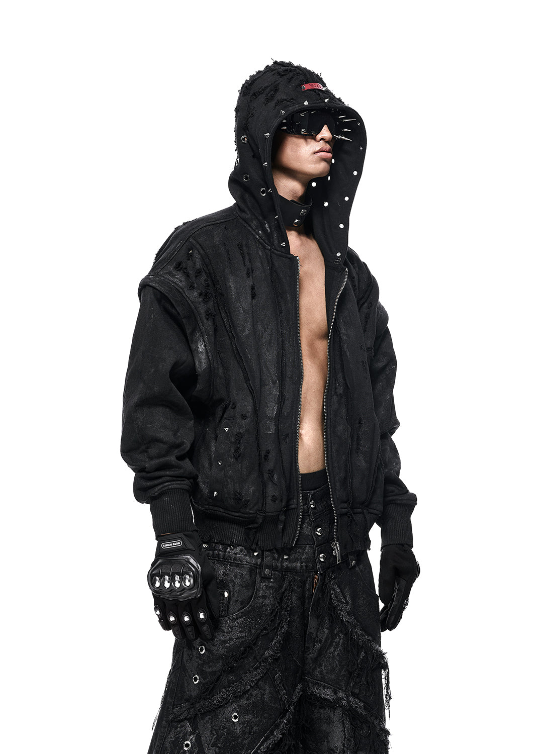 BLACK WAX RIPPED HOODIE - AH027