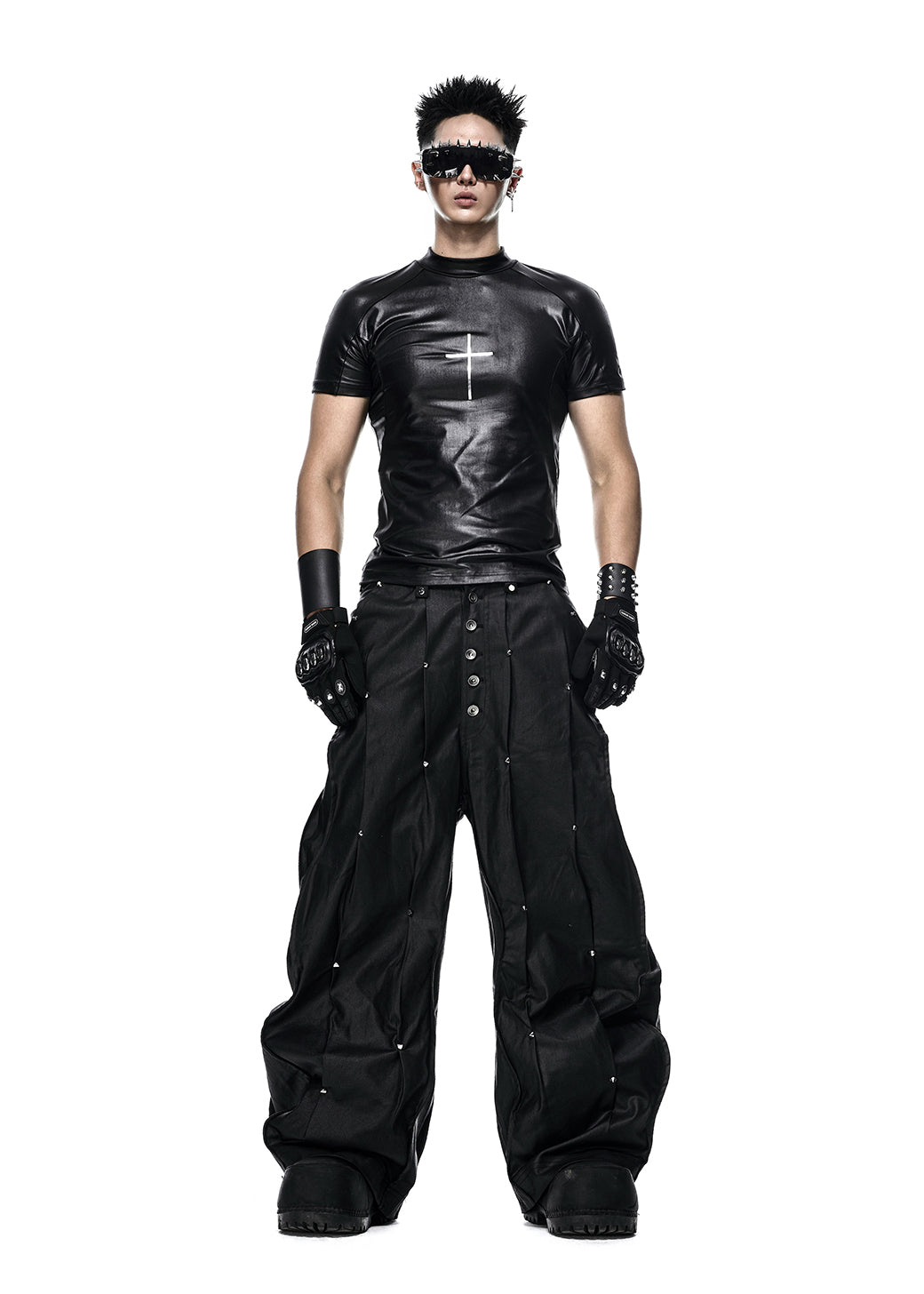 MULTI RIVET WAXED WIDE PANTS - QD126A