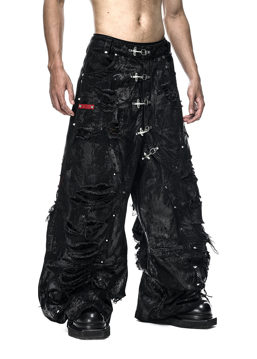 BLACK WAXED RIPPED WIDE PANTS - QD125A