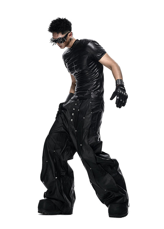 MULTI RIVET WAXED WIDE PANTS - QD126A