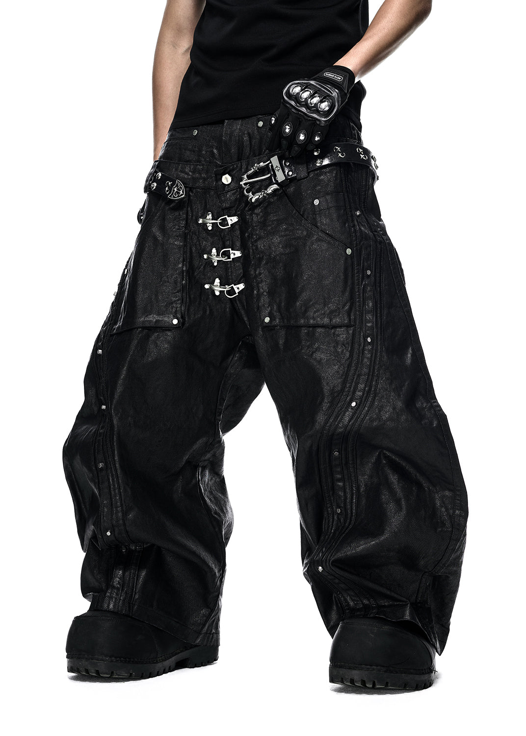 MOCK DOUBLE WAIST WIDE LEG PANTS - QD123