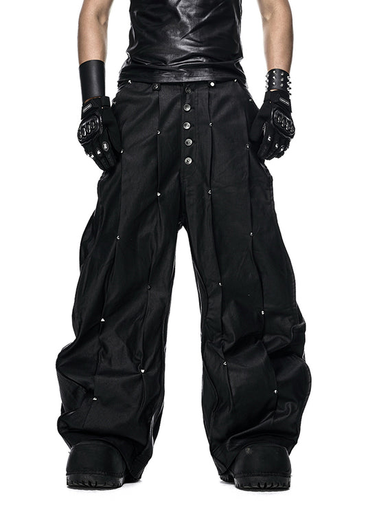 MULTI RIVET WAXED WIDE PANTS - QD126A