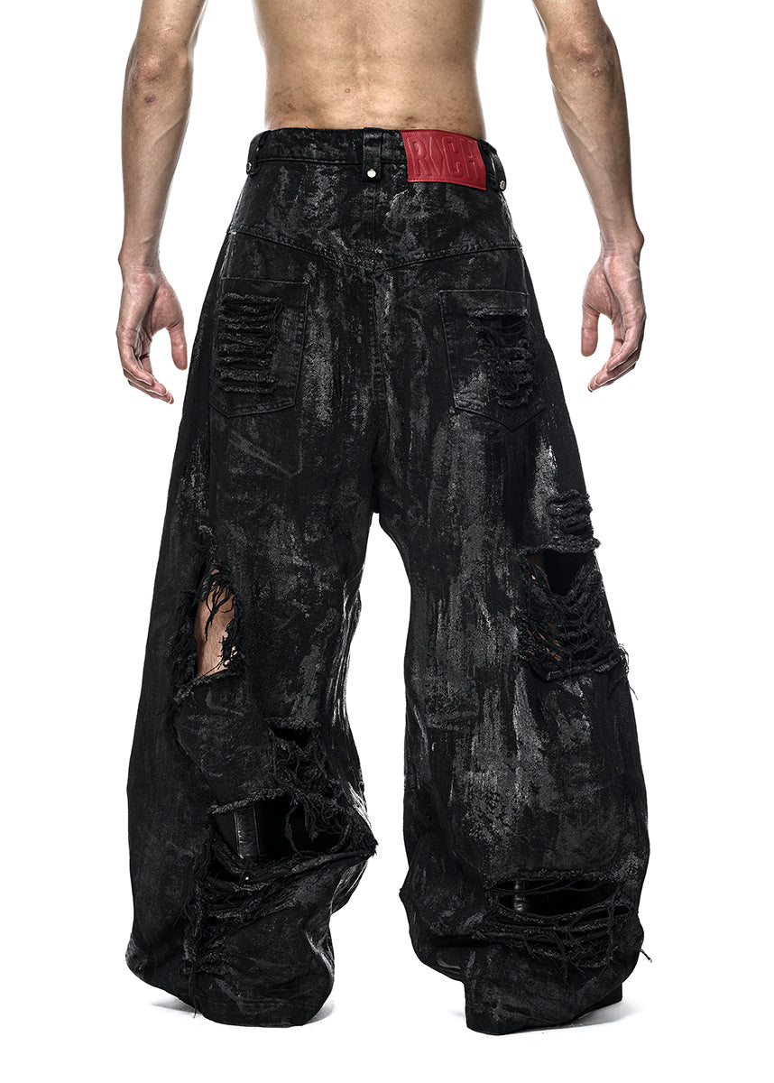BLACK WAXED RIPPED WIDE PANTS - QD125A