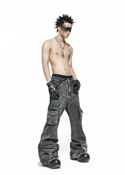 GREY WASH CARGO FLARE PANTS - QD117