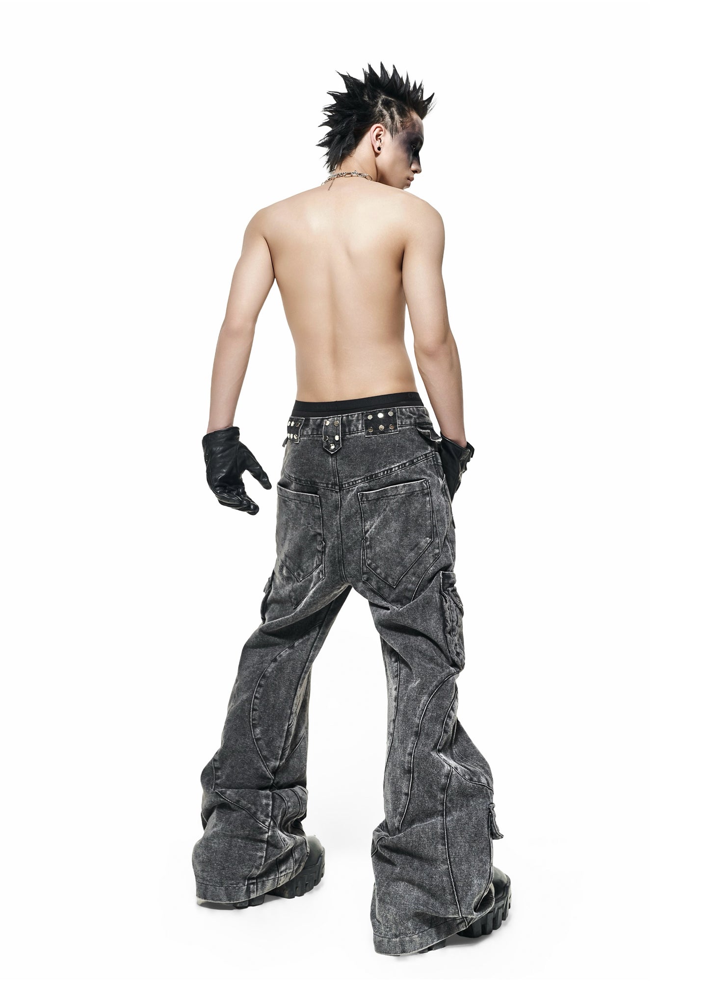 GREY WASH CARGO FLARE PANTS - QD117