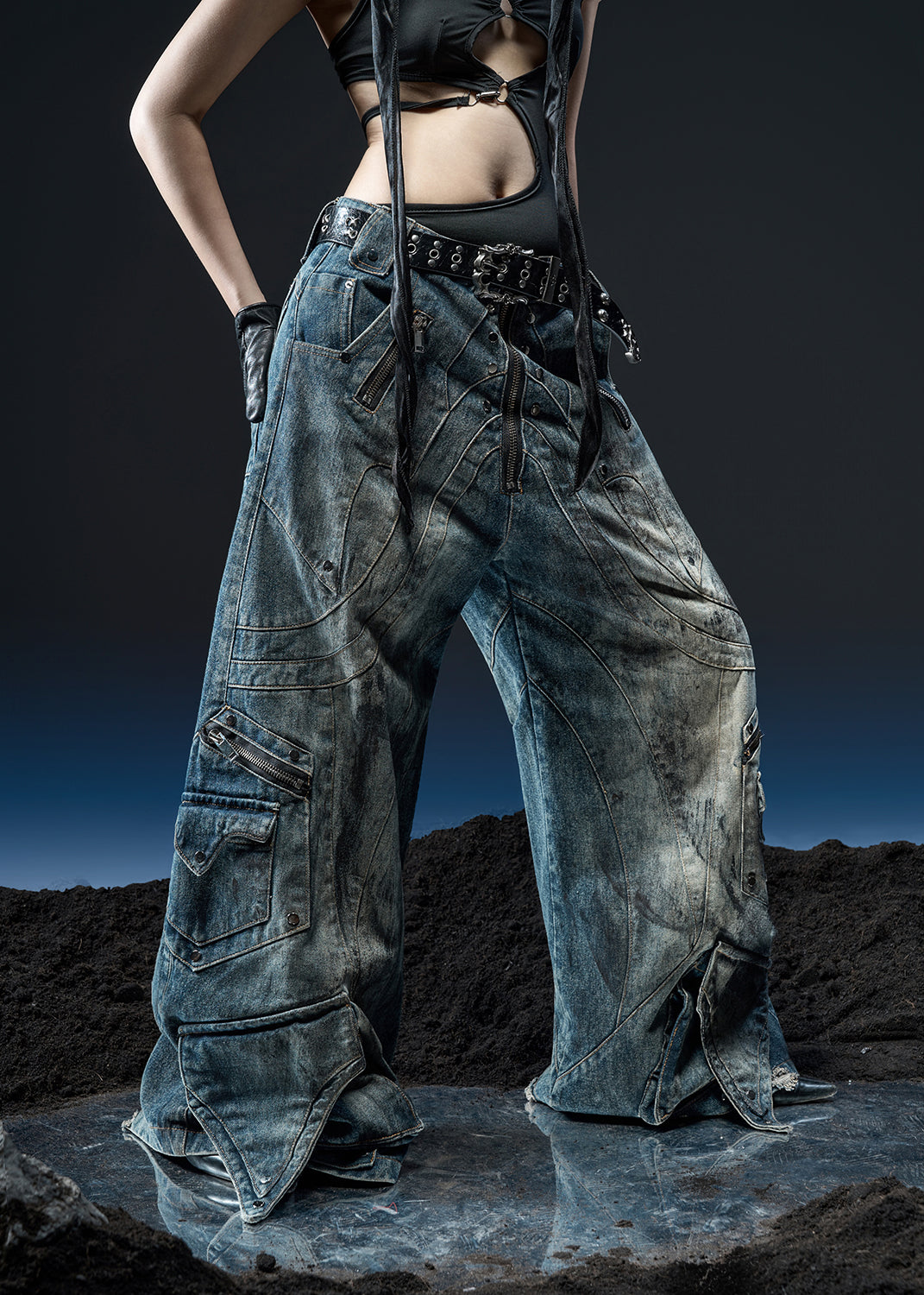 DIRTY WASHED KNIGHT WIDE PANTS - QD120C
