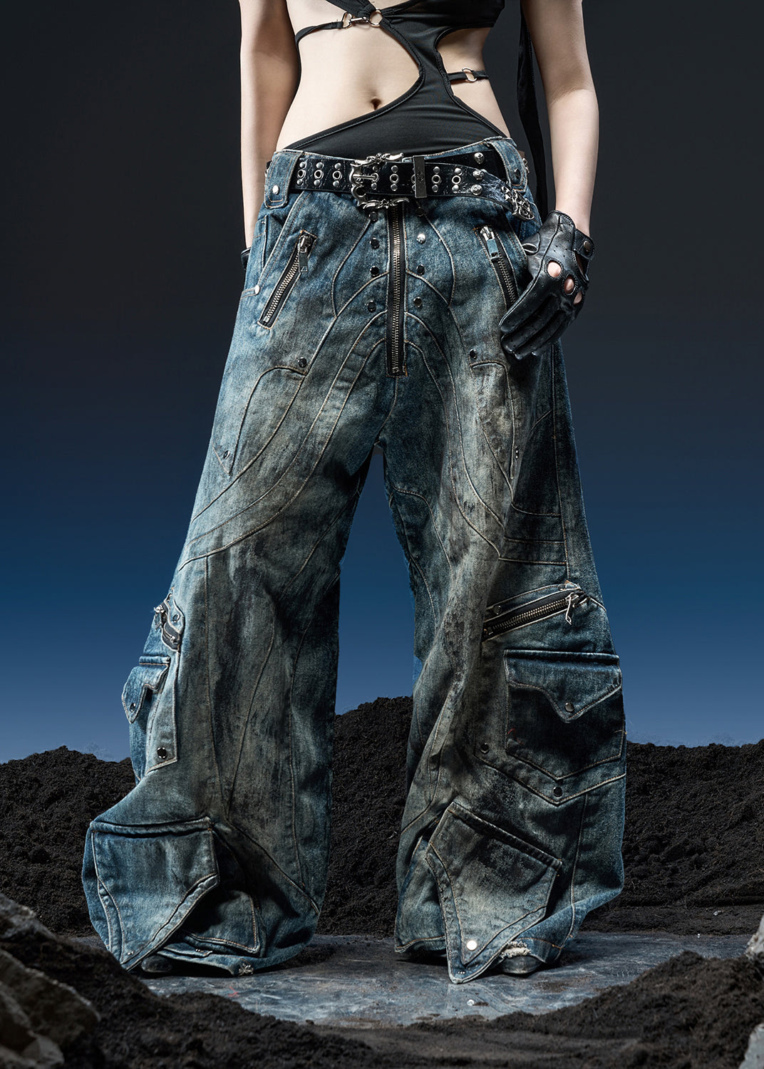 DIRTY WASHED KNIGHT WIDE PANTS - QD120C