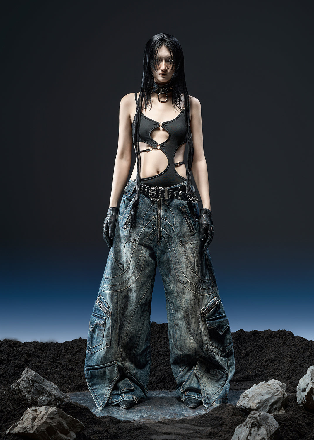 DIRTY WASHED KNIGHT WIDE PANTS - QD120C