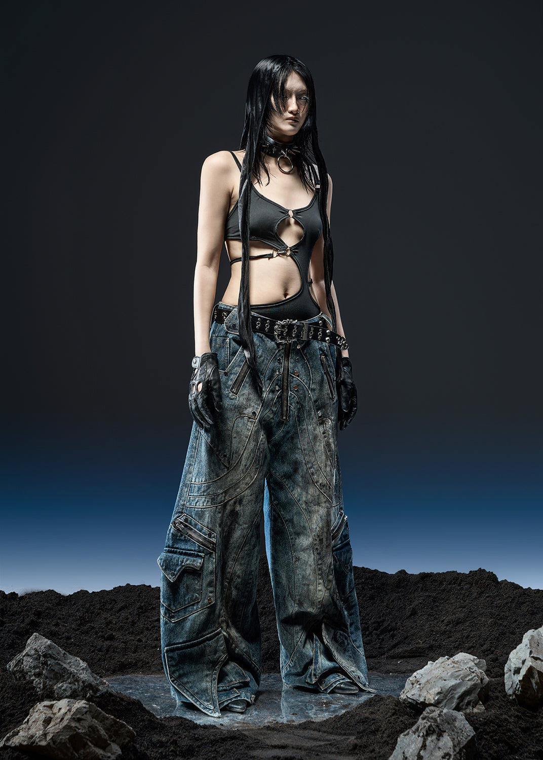 DIRTY WASHED KNIGHT WIDE PANTS - QD120C