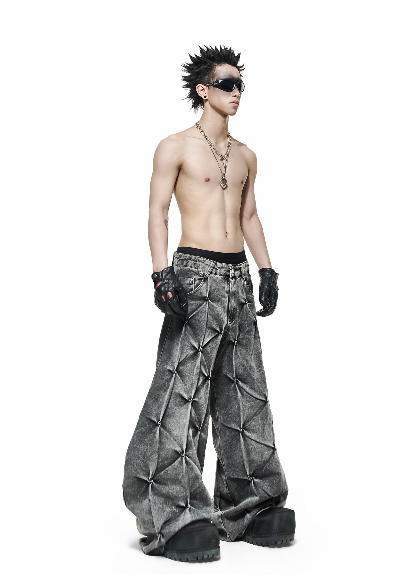 GREY WASH DENIM WIDE PANTS - QD121