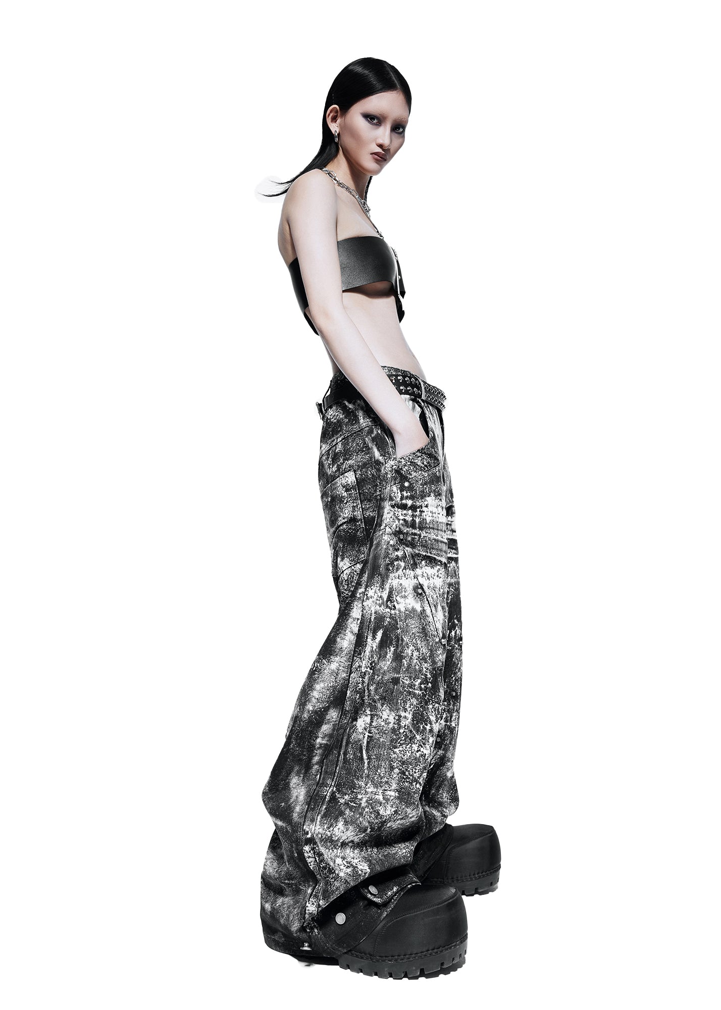 SMOKE WAXED S-WIDE PANTS - QD115C