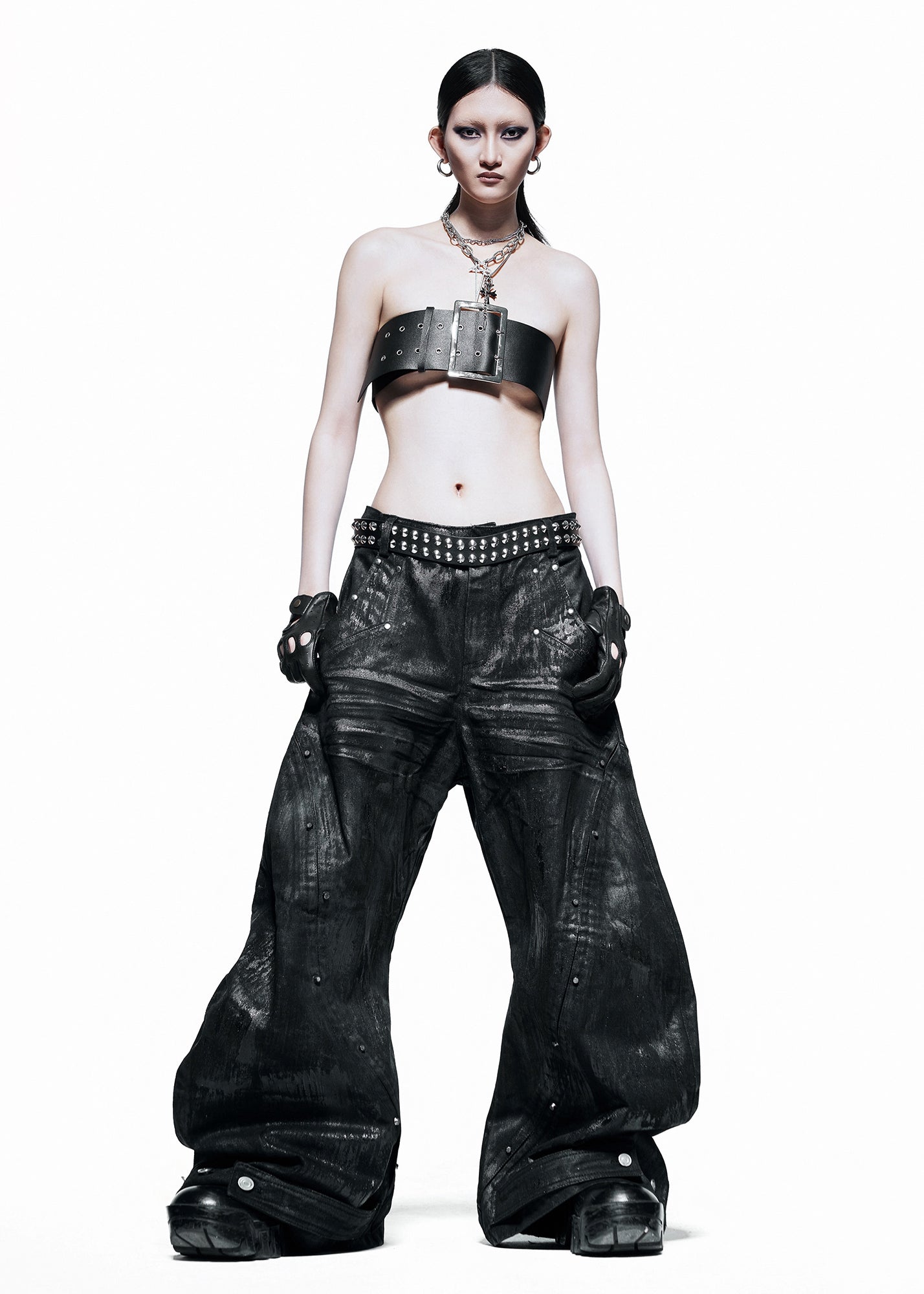 BLACK WAXED S-WIDE PANTS - QD115B