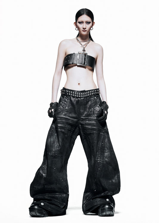 BLACK WAXED S-WIDE PANTS - QD115B