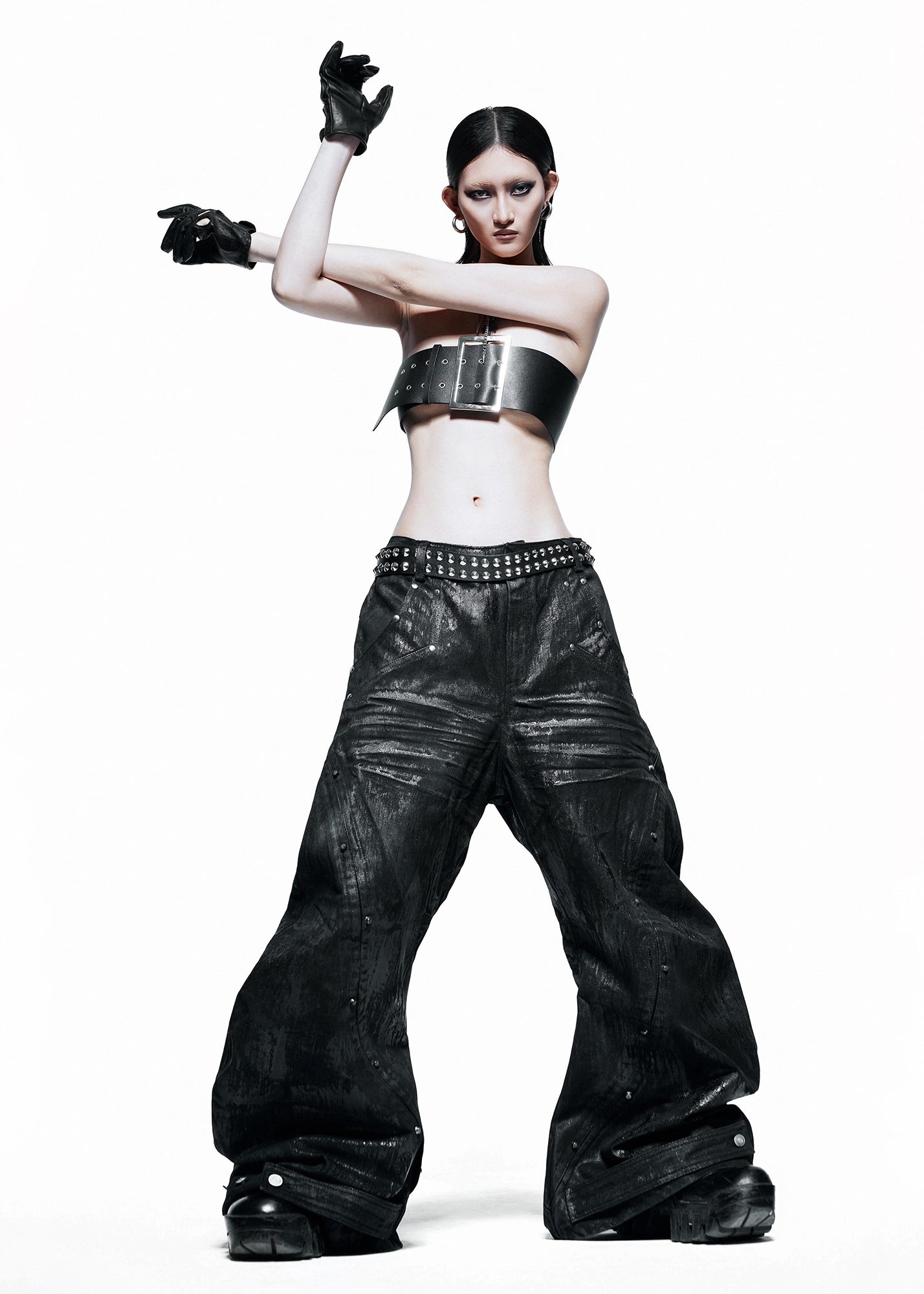 BLACK WAXED S-WIDE PANTS - QD115B