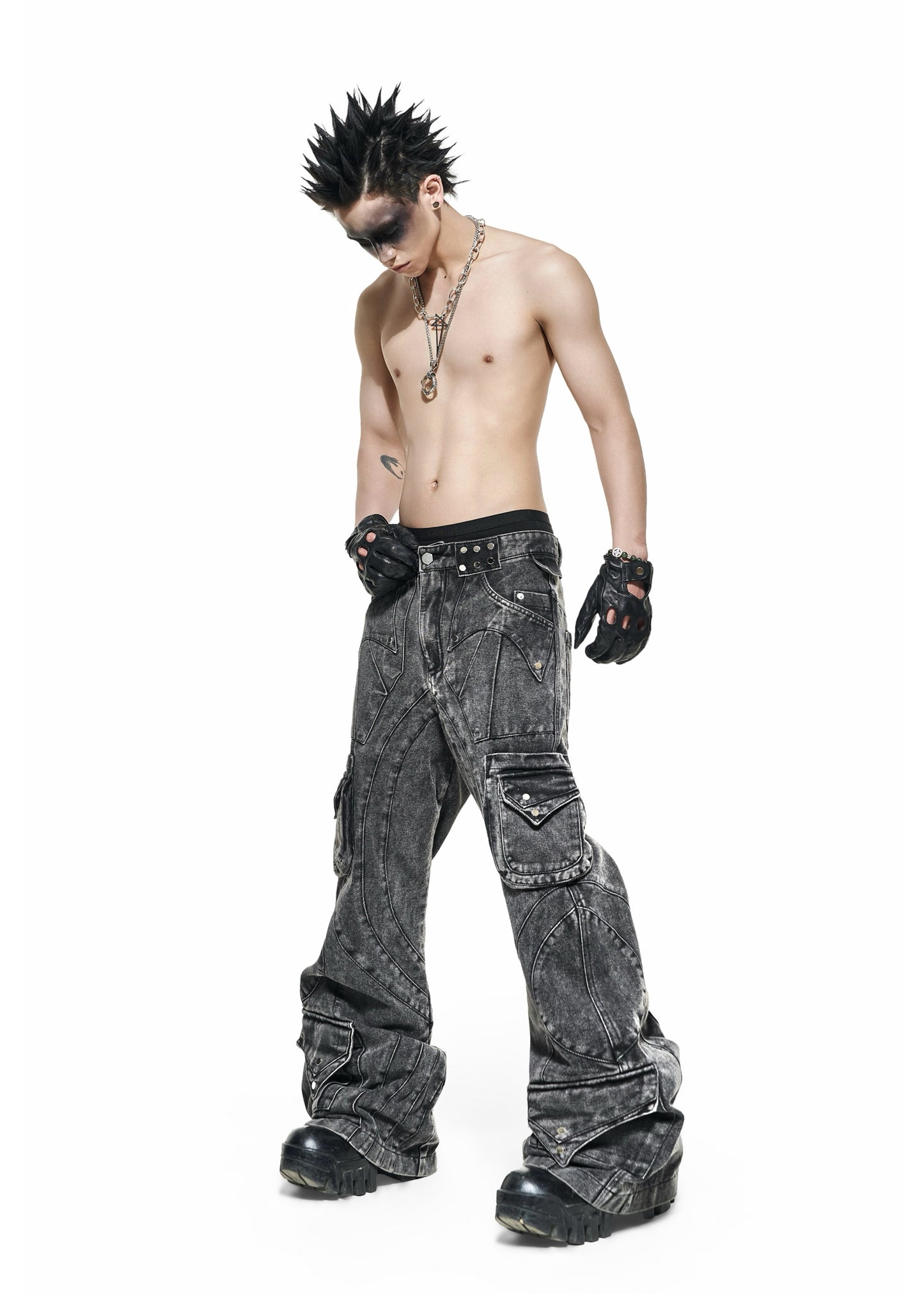 GREY WASH CARGO FLARE PANTS - QD117