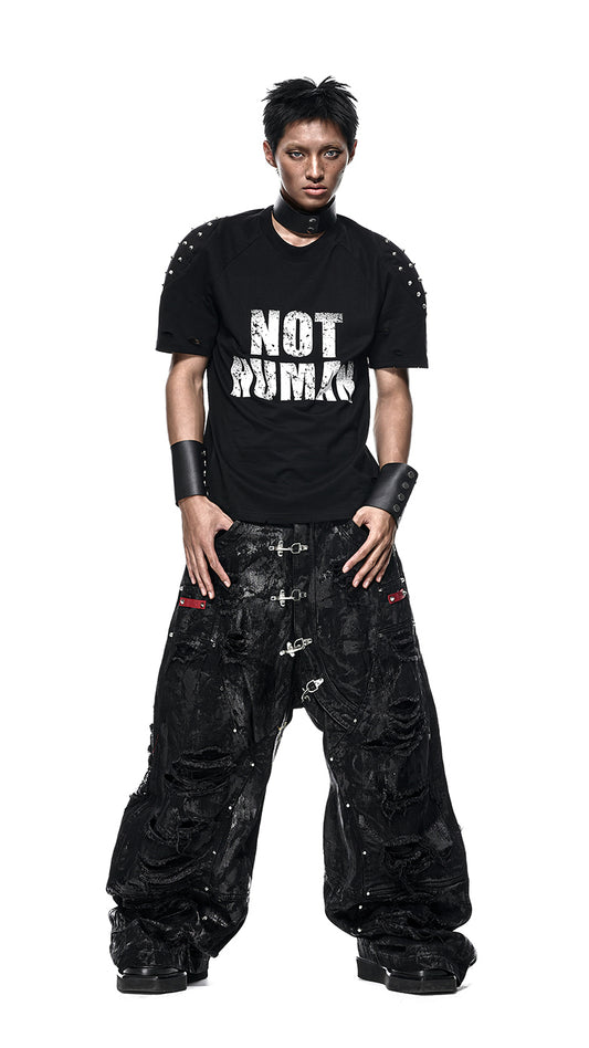 BLACK WAXED RIPPED WIDE PANTS - QD125A